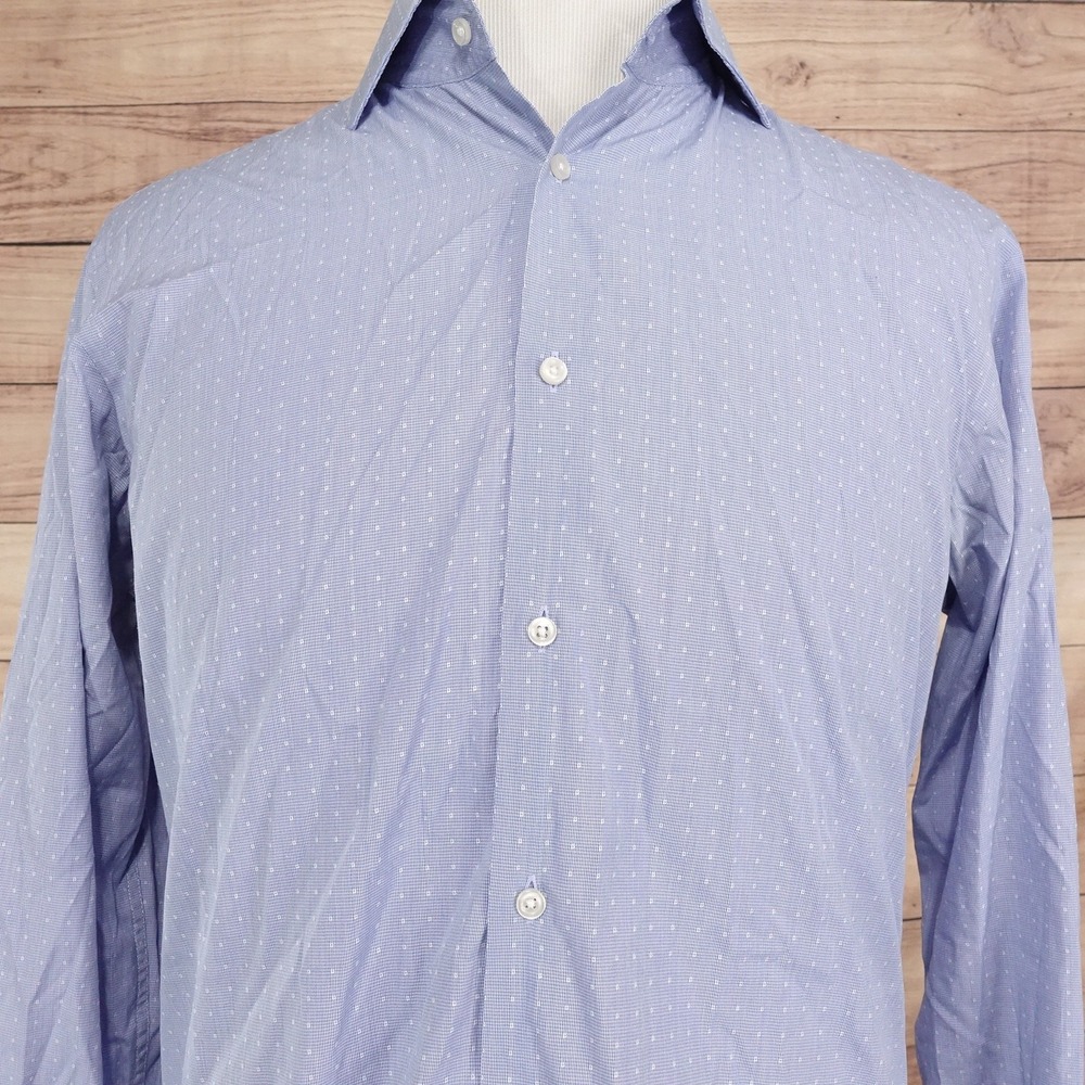 Hugo Boss Dress Shirt Mens 16 Regular Fit Blue Geometric 100% Cotton Long Sleeve